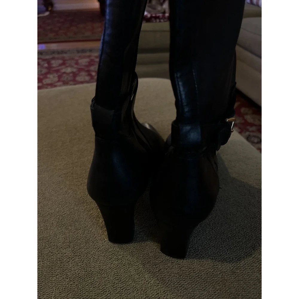 Ralph Lauren Nally Black Leather Buckle Zip Up Knee Mid Heeled Boots Size 8B (TD